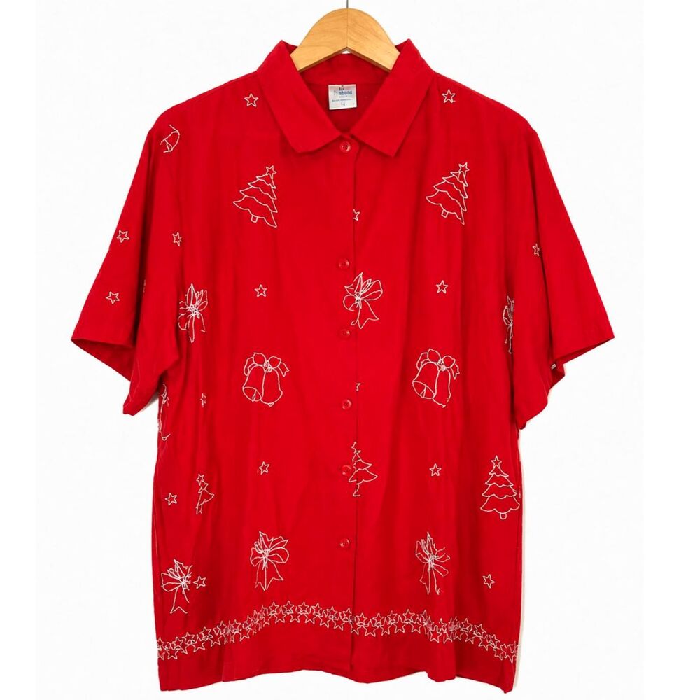 La Leela Vintage Christmas Holiday Shirt Red Embroidered Trees Bells Size L